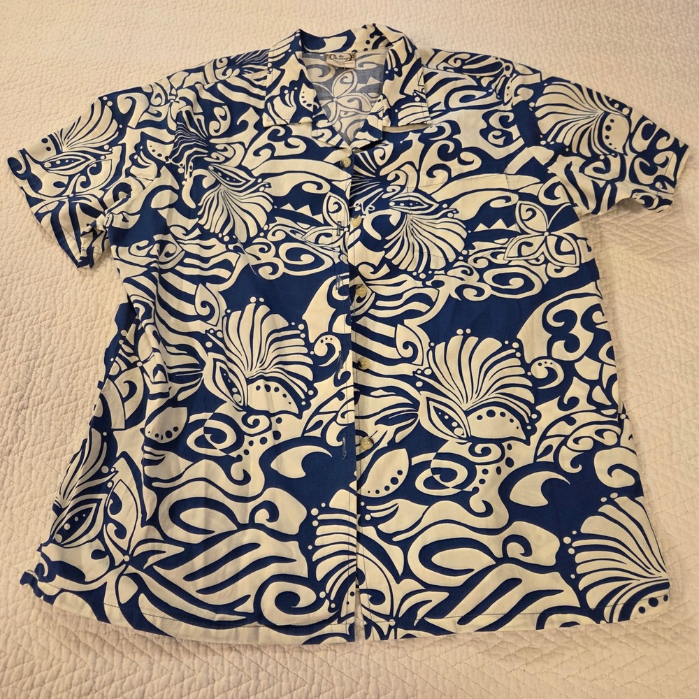 Go Barefoot Hawaiian Shirt Mens XL Blue White Abstract Floral Aloha Made in USA